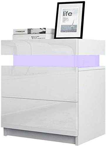 TUKAILAi Table de Chevet avec 2 tiroirs et 16 Couleurs Lumières LED, Table de Nuit Armoire de Chevet Armoire de Lit Chambre à Coucher Maison Intérieur pour Salon, Meuble de Rangement Chambre Blanc