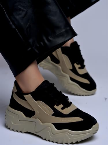 Image of Chunky Platform Sneakers for Women Colorblock || Lace-Up Athletic Shoes with Wavy Sole Design Casual and Party
