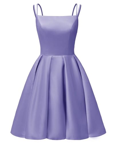 Image of Tianzhihe Satin Homecoming Dresses for Teens 2026 Spaghetti Straps A-line Square Neck Short Cocktail Party Dress with Pockets