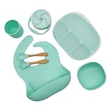7 Pieces Silicone Baby Feeding Set | Infant-Led Weaning Supplies with Adjustable Silicone Bib, Toddler Cup, Suction Plate, Bowl, Spoon and Fork | Easy to Clean and Dishwasher Safe | Aids Self Feeding