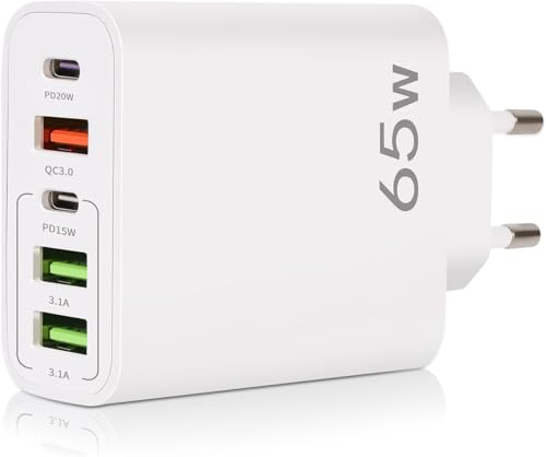 Chargeur USB C, 65W 5 Port Chargeur Rapide PD+QC 3.0, Multi Prise USB C Adaptateur Secteur USBC pour iPhone 15 14 13 12 11 Pro Max SE 2020 XS XR 8 7, Samsung