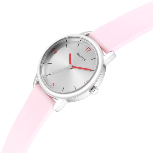 Image of Sonata Plain 3 Hands Metal Silver White Round Dial Pink-Silicon Spray Polyurethane Strap Mens Watch - 8172SP01