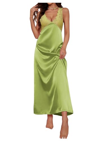 Image of WDIRARA Women's Satin Sleepwear Nightgown | Lace, Backless, Deep V Neck, Sleeveless, Long