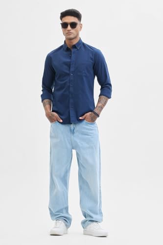 Image of SNITCH Navy Solid Front Pocket Slim Fit Shirts