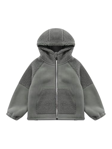Unisex Kids Fleece Jacket Sherpa Fall Winter Zipper Coat Fuzzy Hoodie Outwear with Pockets Drawstring Hooded
