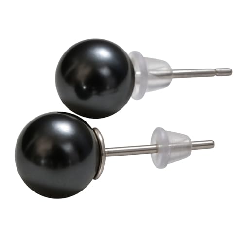 8mm Black Tahitian Cultured Pearl Stud Earrings In 18K White Gold – Cultured In French Polynesia, Comes In A Classic Black Gift Box. Elegant Jewelry Gift for Wife, Mom, Girlfriend – Anniversary, Birthday, Christmas, Mother’s Day, Valentine’s Day