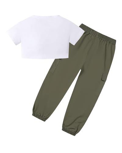 Image of SANGTREE Kids Girls 2 Piece Outfit, Crop Top T-Shirts and Cargo Pants Tracksuits Set, White Army Green, 13-14 Years = Tag 170