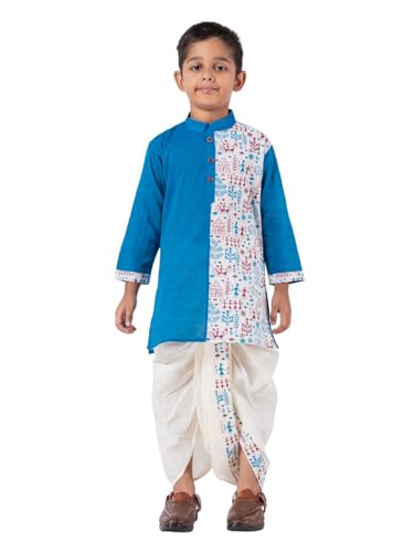 Image of Kids Ethnic Wear - Stylish Half Printed & Vibrant Color Pure Cotton Kurta with Elastic Waist Dhoti Set for Boys