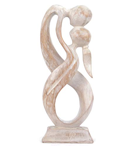 Coco Papaya Statue Abstraite Couple Union Infinie 30cm en Bois Massif Patine Blanche