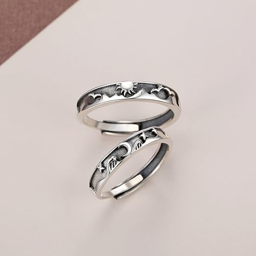 Image of Beydodo 925 Silver Rings Custom Adjustable Sun and Moon Matching Rings Engraved I Love You Couples Rings Wedding