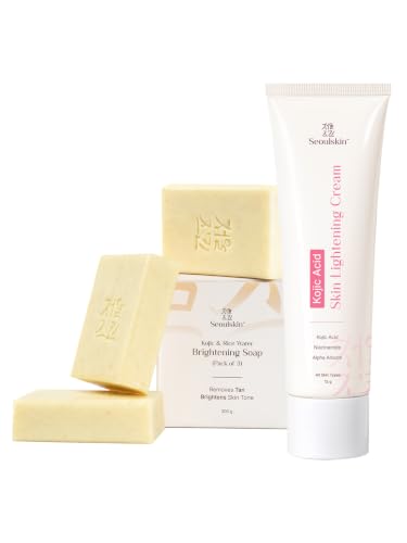 Image of Seoulskin Kojic & Rice Water Brightening Soap (Pack of 3) + Kojic Acid Skin Lightening Cream Combo | Reduces Pigmentation, Dark Spots & Tan | Brightening Skincare Set for Men & Women