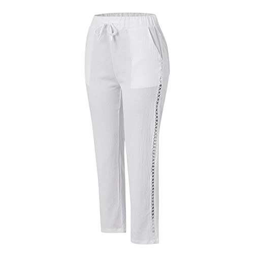 Women's Linen Capri Pants with Drawstring Petite Summer Casual Lace Hollow Out Straight Leg Elastic Waist Pants4