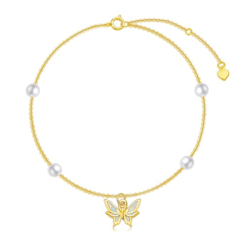 NFYBD 14K Real Gold Butterfly Anklets for Women, Yellow Gold Butterfly Ankle Bracelets with Pearl White Opal Anniversary Christmas Valentine's Day Jewelry Gifts for Wife Her Mom 6.5''+1''+1''