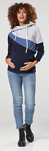 HAPPY MAMA. Damen Umstands Kapuzenpullover Stillzeit Lang Ärmel Farbblock. 321p (Graue Melange & Jeans Melange & Marine, 40, L)