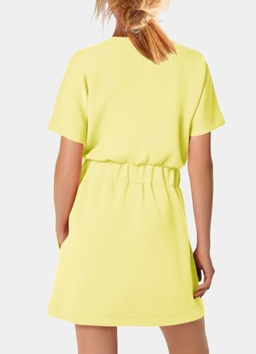 Image of SENSERISE Womens Short Sleeve T Shirt Dresses Crew Neck Solid Color Basic Smocked Waist Dress with Pockets