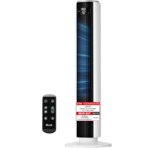 Levoit - DC Motor Turmventilator - 20dB sehr leiser Ventilator - 4 Modi/12 Stufen/12 Std Timer - Fernbedienung & Kühlung - Tower Fan mit 7,9m/s Geschwindigkeit - 24W Standventilator - Weiß, 92 cm