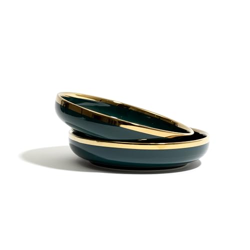 Image of Beyond Homes Ceramic Bowl Set of 2 | 20 cm Deep Serving Bowls | Microwave & Dishwasher Safe Glossy Ceramic Bowls for Pasta Ramen Soup Noodles & Salad | 650 ml Each, Teal Gold