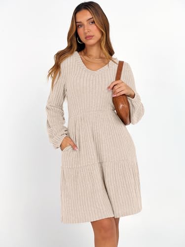 ANRABESS Women's Long Lantern Sleeve Ribbed Knit Dresses V Neck Casual 2025 Fall Winter Flowy Swing Tunic Sweater Short Dress2