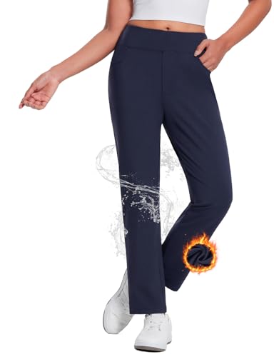 BALEAF Women's Fleece Lined Pants Waterproof Winter Travel Pants Thermal Cold Weather Gear Pockets Stretch Work Golf Casual Navy M