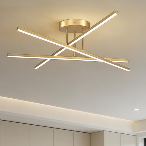 Amansour Lámpara de techo LED cruzada 60cm dorada 24W luz blanca cálida 3000K, plafón minimalista 2400lm para salón cocina comedor pasillo oficina
