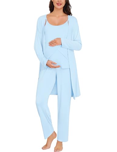 Image of SWOMOG Maternity Pajamas Set 3 PCS Nusing Pajamas Labor and Delivery Gown & Camisole & Pants Postpartum Pjs