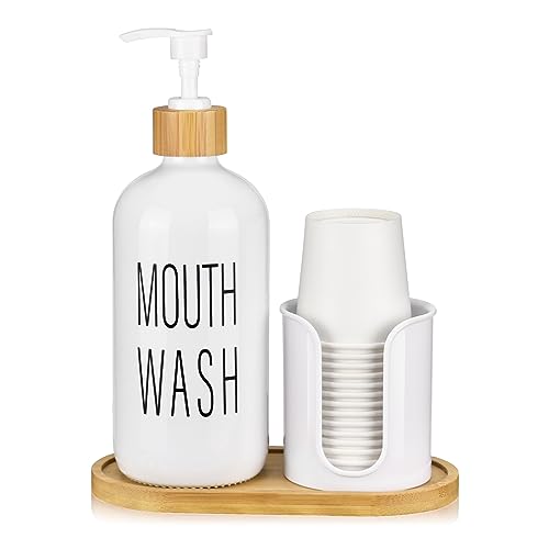 Glass Mouthwash Dispenser with Cup Holder - 16 oz Pump Bottle White Mouthwash Container for Bathroom - 14 Mouthwash Cups,Bamboo Tray and Funnel Included