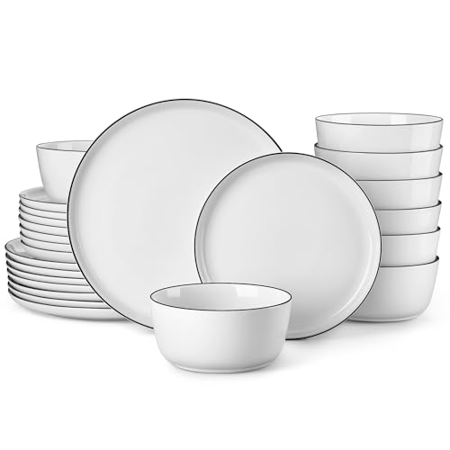 MALACASA 24 Pieces Gourmet Porcelain Dinnerware Sets, Premium Plates and Bowls Set, High-Fired Dishes Set for 8, Chip & Scratch Resistant, Microwave Dishwasher Safe, White & Black Rim, Series LEXI
