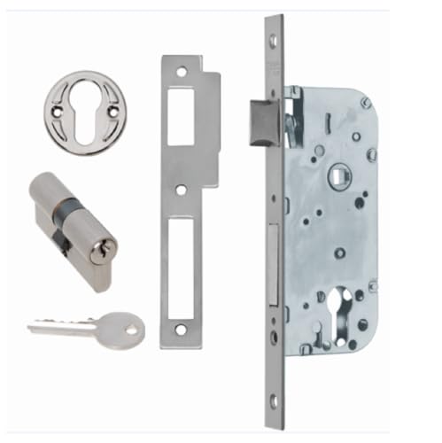 Cerradura embutir mono punto con orificio de entrada de 50mm distancia entre cuadradillos de 70mm, canto cuadrado, bombillo con 3 llaves de serreta incluidas color NIQUEL SATINADO