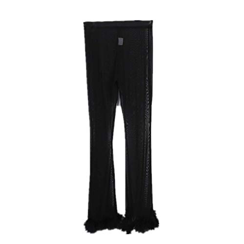 Women Sexy Mesh Sheer Long Pants Blouse T-Shirts Rave Festival Crop Top Outfits with Faux Fur Sleeve