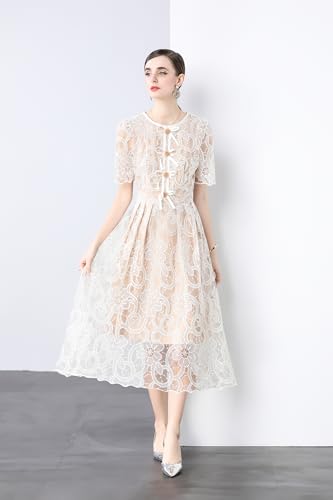 LAI MENG FIVE CATS Women's Puff Sleeve Crewneck Lace Mesh Embroidery Single-Breasted Buttons Midi Dress4