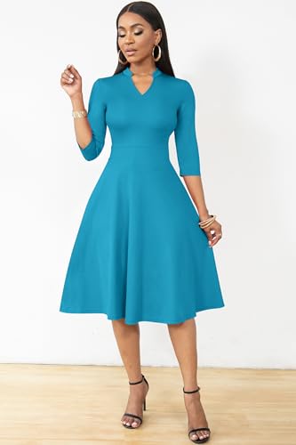 Image of Nmoder Casual Dresses for Women Semi Formal Fit and Flare 3 /4 Sleeve A-line Church Work Dress with Pockets