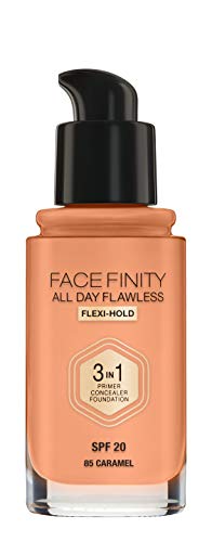 Max Factor Facefinity All Day Flawless 3 in 1 Foundation in Caramel 85 – Primer, Concealer & Foundation in einem – Für ein perfekt mattiertes Finish – 1 x 30 ml