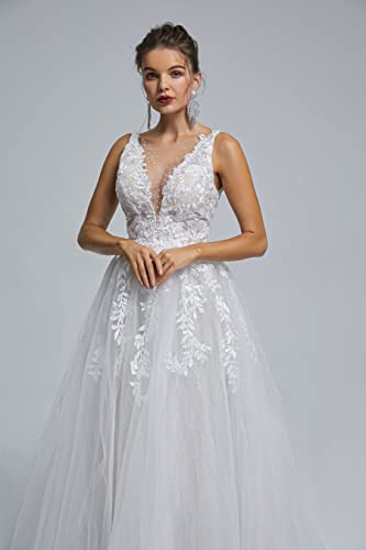 Image of Spaghetti Chiffon Beach Wedding Dress V Neck A line Bridal Gowns Lace Plus Size Wedding Dress