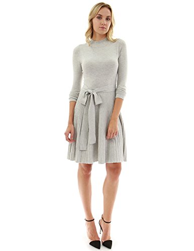 PattyBoutik Women Mock Neck Fit-and-Flare Knit Sweater Dress (Light Gray Medium) - Thumbnail 2