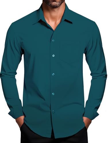DiBanGu Long Sleeve Button Up Shirts for Men Casual Business Shirt with Pocket Solid Regular Fit Shirts for Formal Wedding, Teal, Medium