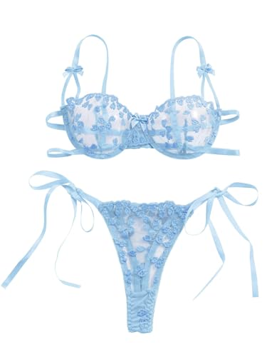 Image of Lilosy Sexy Tie Side Cute Underwire Push Up Strappy Embroidered Mesh Sheer Lingerie Set