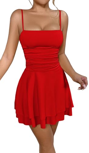 SEAUR Damen Kurzes Cami Bodycon MiniKleid Sexy Rückenfreies Gerafftes Enges Kleid für Party Cocktail Clubbing Hochzeit Rot S