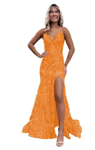 Image of RSOETOO Sparkly Sequin Prom Dresses 2026 with Slit Lace Mermaid Formal Evening Gowns for Women RON058