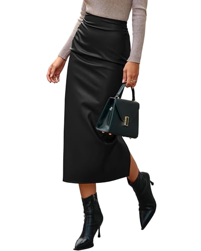BTFBM Skirts for Women Trendy Spring 2026 Elastic Waist Ruched Bodycon Slit Pencil Midi Leather Skirt Bussiness Casual(Black, Medium)