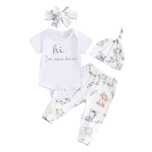 Image of XIXIMAON Baby Girls Boys Coming Home Outfits Lettered Short Sleeve Romper Top Animal Print Long Pants Hat Headband Set Newborn Clothes (White, 0-3 Months)