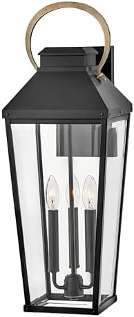 Hinkley Dawson Large Wall Mount Outdoor Lantern, Aluminum, Clear Beveled Glass, Tapered Silhouette, Black Finish with Burnished Bronze Accent