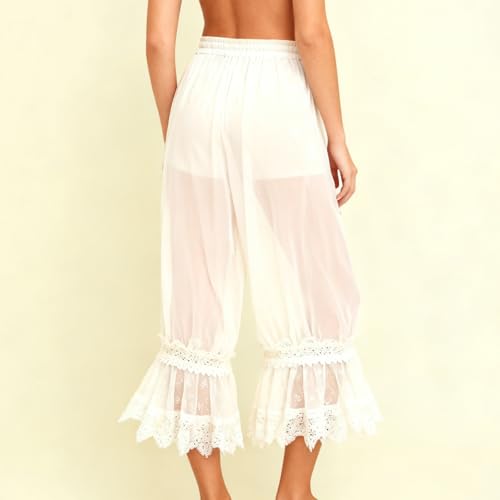 Image of UAURORAO Women Lace Trim Long Bloomers Elastic Mid Rise Ruffle Pantaloons Cropped Flared Slips Pants Pajama Bottoms