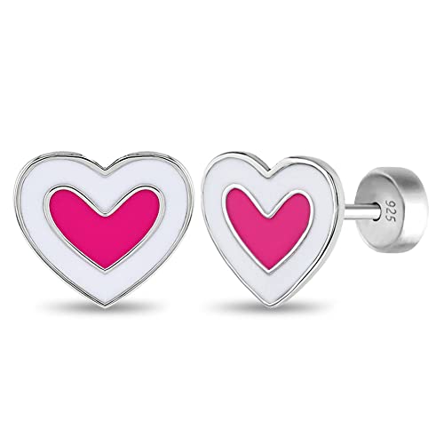 925 Sterling Silver Safety Back Stud Pink White Heart Earrings For Kids, Toddlers & Little Girls- Secure and Comfortable Adorable Heart-Shaped Girl Studs For Ultra Sensitive Ears