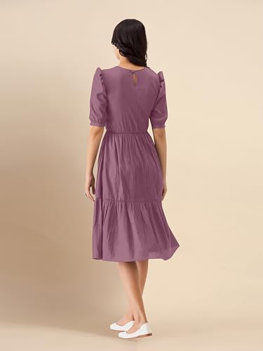 Image of TRENDMALLS Dress for Women Cotton Blend Round Neck Half Puff Sleeve Flared Pleated Midi Western Dress