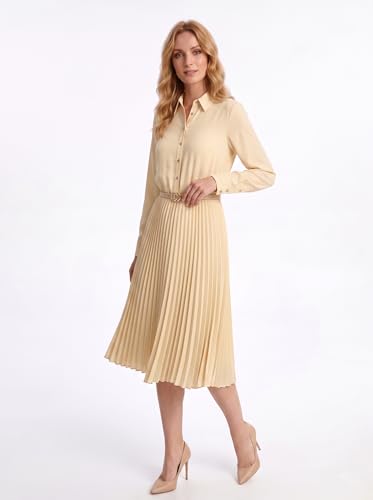 Image of Business Casual Shirt Dress for Women Long Sleeves Pleated Midi Dresses with Belt