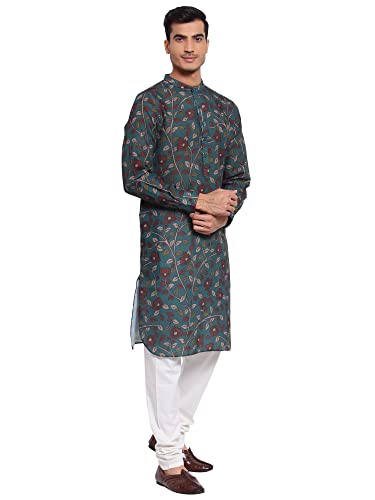 Image of Style Quotient Men Green Ethnic Motifs Printed Thread Work Kurta