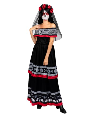 Funidelia Disfraz de Catrina para mujer con diadema con flores y velo, Traje de Día de los Muertos para adultos, Disfraces de Carnaval, Halloween y Fiestas – Talla S