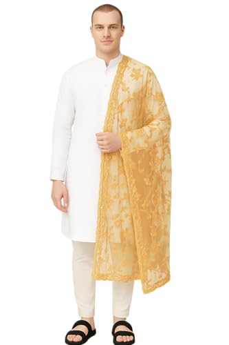 Image of Weavers Villa Net Floral Embroided Dupatta for Men