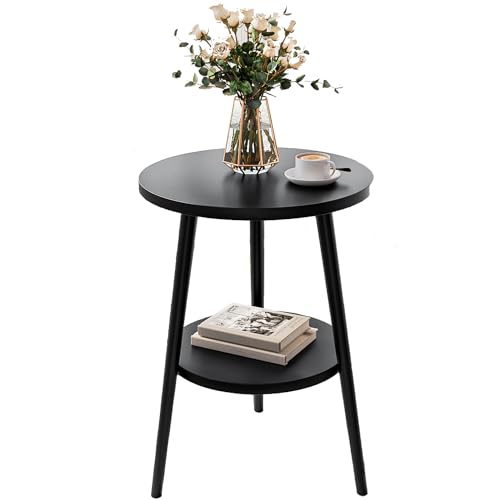 Uptyia Mesa Auxiliar 2 Niveles Negra Mesita Redonda de Sofá Ø38x55cm, Moderna para Salón o Dormitorio, Fácil Montaje, Estilo Minimalista