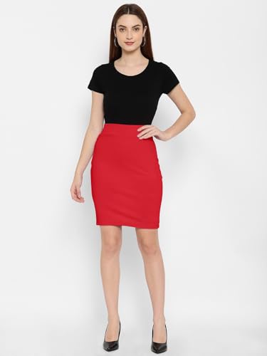 Image of Mehrang Formal Pencil Skirt, Women's Stretchable Pencil Midi Skirt, Cotton Blend Stretchable Knee Length Pencil Skirt with Elasticated Waist Belt
